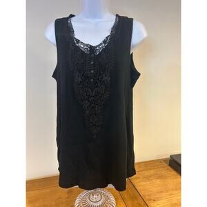 LAUREN RALPH LAUREN 1X Black Ribbed Womens Tank Shirt Lace Button Summer Comfort